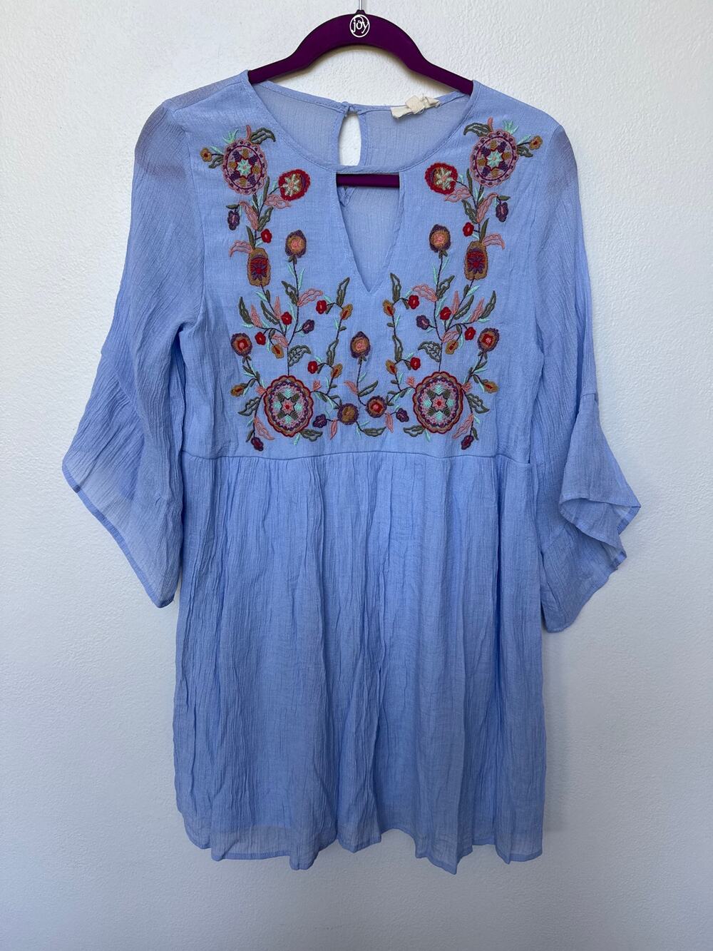 Entro Embroidered Floral Round Neck Bell Sleeve Mini Dress Blue Boho Women's S